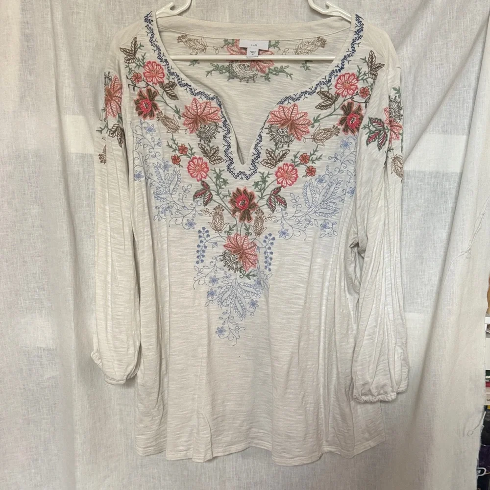 J. Jill Cream Tunic with Red and Green Embroidery - Picture 2 of 5